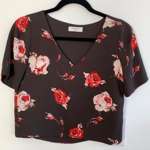 Babaton Aritzia floral black red V-neck short sleeve blouse